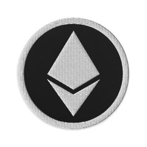 May include: A white embroidered Ethereum logo patch on a black background with a white border.