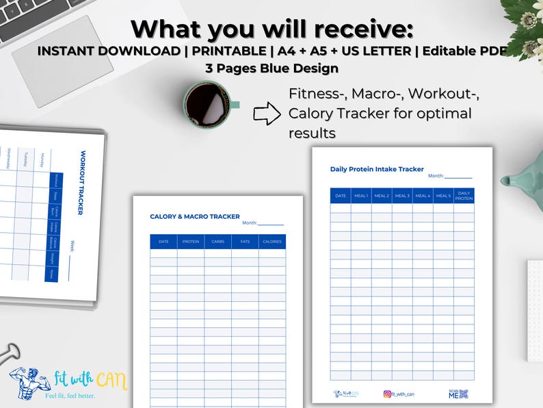 May include: Three printable pages of fitness trackers in blue and white. The pages include a workout tracker, a calorie and macro tracker, and a daily protein intake tracker. The text "What you will receive: Instant Download | Printable | A4 + A5 + US Letter | Editable PDF 3 Pages Blue Design Fitness-, Macro-, Workout-, Calory Tracker for optimal results" is at the top of the image.