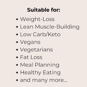 K&ouml;nnte beinhalten: Eine Liste von Ern&auml;hrungsbed&uuml;rfnissen und Lebensstilen, f&uuml;r die dieses Produkt geeignet ist, darunter Gewichtsabnahme, Muskelaufbau, Low Carb/Keto, Veganer, Vegetarier, Fettabbau, Meal Planning, gesunde Ern&auml;hrung und vieles mehr.