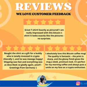 May include: Two customer reviews for a Bitcoin themed t-shirt and coffee mug. The reviews are positive and include five stars. The text reads "Great T-shirt! Exactly as pictured! I am really impressed with this bitcoin t-shirt! It looks exactly like the pictures - no surprises." and "I absolutely love this Bitcoin coffee mug! The quality is fantastic - the print is sharp, and the glossy finish gives the mug a sleek, premium look. It's perfect for my morning coffee and always puts a smile on my face as a crypto enthusiast."