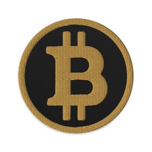 May include: A gold embroidered Bitcoin symbol on a black circular patch.