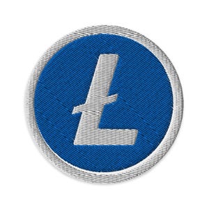 May include: A blue and white embroidered patch with the Litecoin logo, a stylized letter L.