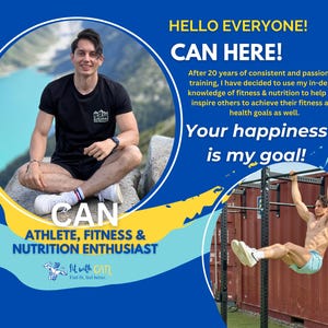 K&ouml;nnte beinhalten: Ein Mann sitzt auf einem Felsen vor einem See mit Bergen im Hintergrund. Er tr&auml;gt ein schwarzes T-Shirt mit einem Logo, auf dem "Fit with Can" steht. Der Text "Can Athlete, Fitness & Nutrition Enthusiast" befindet sich unter ihm. Der Text "Hello Everyone! Can Here! After 20 years of consistent and passionate training, I have decided to use my in-depth knowledge of fitness & nutrition to help and inspire others to achieve their fitness and health goals as well. Your happiness is my goal!" befindet sich auf der rechten Seite des Bildes. Ein zweites Bild zeigt einen Mann, der an einer schwarzen Klimmzugstange Klimmz&uuml;ge macht.