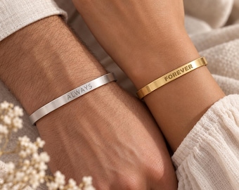Personalized Engraved Thin Cuff Bracelet | Bangle Bar, Custom Engraving | Perfect Gift for Him or Her | Gold, Silver and Stainless Steel