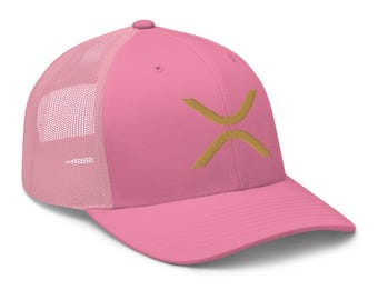 May include: Pink and white trucker hat with a gold embroidered X logo.