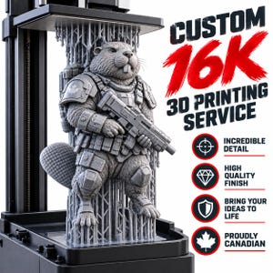 Może przedstawiać: Szara figurka bobra wydrukowana w 3D w taktycznym rynsztunku z karabinem, przymocowana do struktur wsporczych drukarki. Tekst: CUSTOM 16K 3D PRINTING SERVICE, INCREDIBLE DETAIL, HIGH QUALITY FINISH, BRING YOUR IDEAS TO LIFE, PROUDLY CANADIAN.