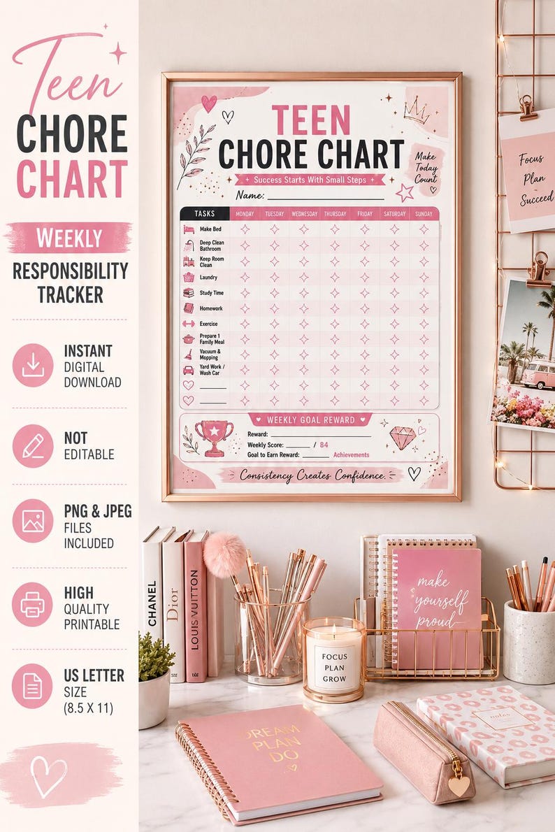 Teen Chore Chart for Girls, Teen Routine Chart, Teen Behavior Chart ...