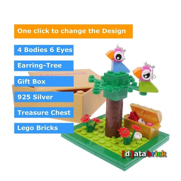 Ohrringe Vögel aus Legosteinen 925 silber mit Ohrringe-Baum, Teelicht Truhe und goldfarbener Geschenkbox