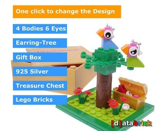 Earrings Birds made of Lego Bricks 925 Silver with Earring-Tree, Teasure Chest and gold-colored Gift Box