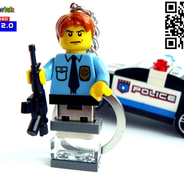 8GB Police Officer USB Flash Drive in Lego Minifigure Keychain handmade