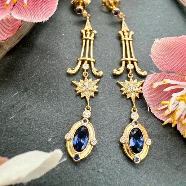 Art Deco Lavalier Ohrringe: 14k Gold Vermeil, Lab Sapphire, Handgemacht