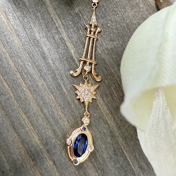 Art Deco Lavalier Kette: 14k Gold Vermeil, Lab Sapphire, Handgemacht
