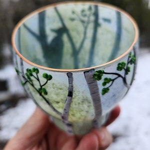 Pileated Woodpecker and her Chicks in a Birch Glade Sculpted with Polymer Clay onto a Recycled Glass Candle Holder in Sage and Periwinkle image 2