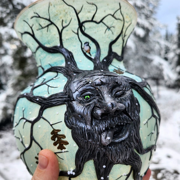 Treebeard/Tree Spirit Catching the Season's First Snowflakes Sculpted with Polymer Clay onto a Recycled Glass Vase in Sage and Bright Blue