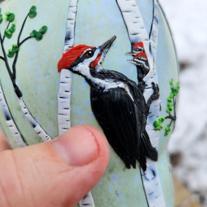 Pileated Woodpecker and her Chicks in a Birch Glade Sculpted with Polymer Clay onto a Recycled Glass Candle Holder in Sage and Periwinkle image 4