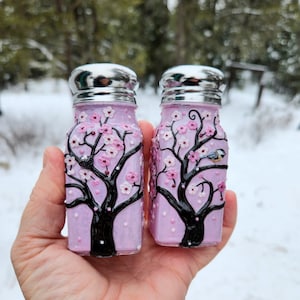 Sweet Chickadee Mom and her Eggs in an Apple Blossom Sculpted with Polymer onto Glass Salt and Pepper Shakers in Blush Pink image 1