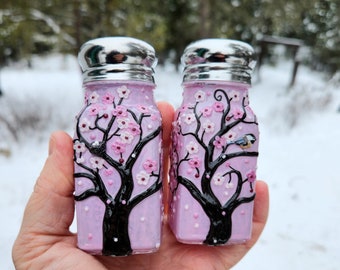 Sweet Chickadee Mom and her Eggs in an Apple Blossom Sculpted with Polymer onto Glass Salt and Pepper Shakers in Blush Pink