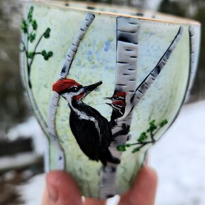 Pileated Woodpecker and her Chicks in a Birch Glade Sculpted with Polymer Clay onto a Recycled Glass Candle Holder in Sage and Periwinkle image 3