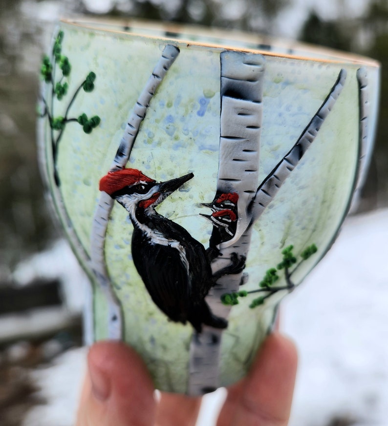 Pileated Woodpecker and her Chicks in a Birch Glade Sculpted with Polymer Clay onto a Recycled Glass Candle Holder in Sage and Periwinkle image 3