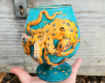 Phosphorescent Blue Ringed Octopus Sculped with Polymer Clay onto a Recycled Glass Candle Holder in Turquoise and Teal