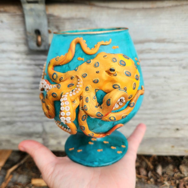 Phosphorescent Blue Ringed Octopus Sculped with Polymer Clay onto a Recycled Glass Candle Holder in Turquoise and Teal