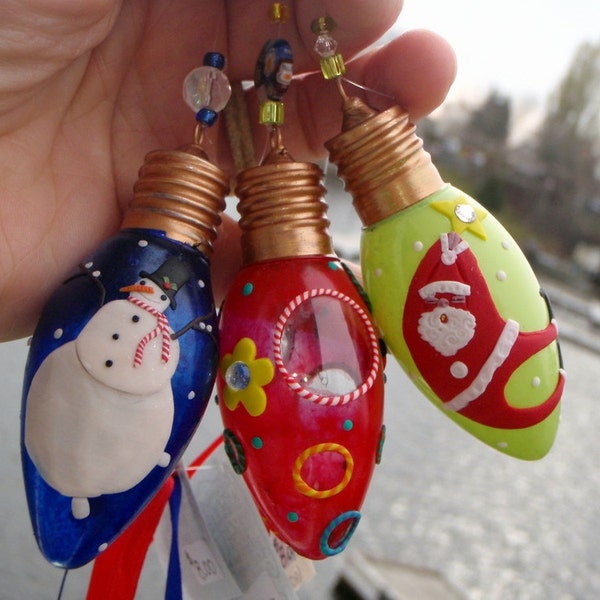 3 Recycled Lightbulb Chistmas Ornaments with Snowman,Santa and Holy designs