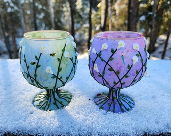 Set of Two Candle Holders with Springy Call Lily Flowers and Insects Sculpted with Polymer Clay onto Recycled Glass Candle Holders