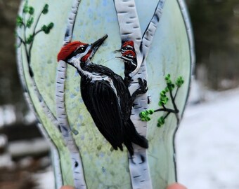 Pileated Woodpecker and her Chicks in a Birch Glade  Sculpted with Polymer Clay onto a Recycled Glass Candle Holder in Sage and Periwinkle