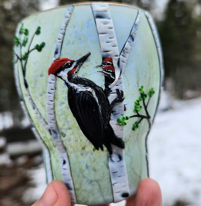Pileated Woodpecker and her Chicks in a Birch Glade Sculpted with Polymer Clay onto a Recycled Glass Candle Holder in Sage and Periwinkle image 1