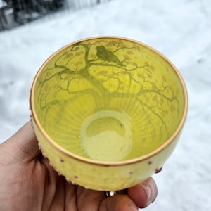 Puede incluir: Un cuenco de vidrio amarillo con una escena interior pintada de un &aacute;rbol y un p&aacute;jaro. El borde es dorado con peque&ntilde;os puntos rosas. El cuenco se sostiene en una mano sobre un fondo nevado.