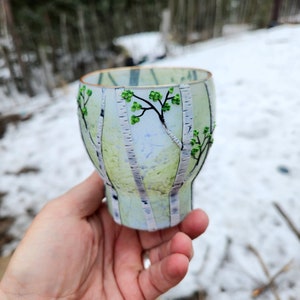 Pileated Woodpecker and her Chicks in a Birch Glade Sculpted with Polymer Clay onto a Recycled Glass Candle Holder in Sage and Periwinkle image 6