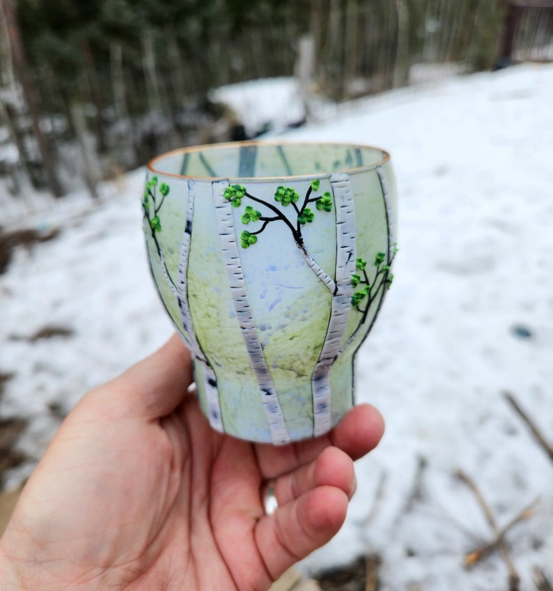 Pileated Woodpecker and her Chicks in a Birch Glade Sculpted with Polymer Clay onto a Recycled Glass Candle Holder in Sage and Periwinkle image 6