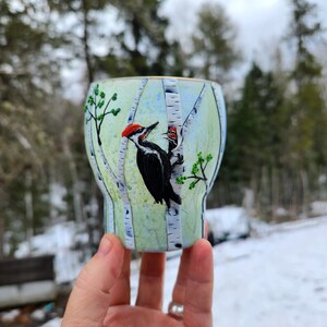 Pileated Woodpecker and her Chicks in a Birch Glade Sculpted with Polymer Clay onto a Recycled Glass Candle Holder in Sage and Periwinkle image 5