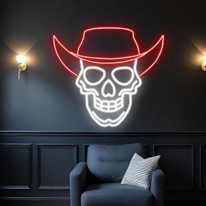 Cowboy Skull Neon Sign, Cowboy Hat Skull Neon Wall Art, Game Room Wall Decor, Man Cave Wall Art, Nightclub Skull LED Sign, LED Cowboy Decor
