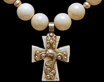 Nepali Creamy White Howlite Cross & Beads