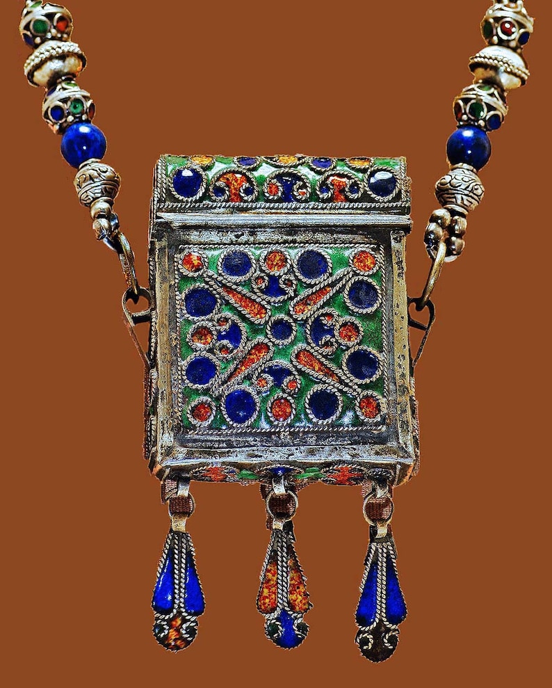 Antique Enamel African Tuareg Berber Box Necklace image 1