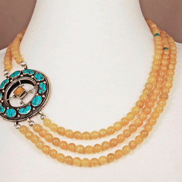 RESERVED FOR FARRUKH - Five Strand Yellow Jade & Tibetan Silver Sun