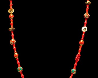 Long Flapper Necklace with Ethnic Beads - RED