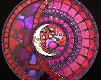 10” Painted glass Mosaic Wall hanging “Raspberry Moon” Celestial Gift