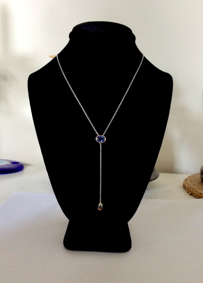 Blue Ceylon Sapphire Y Necklace, 14k Gold And Sterling Silver image 2