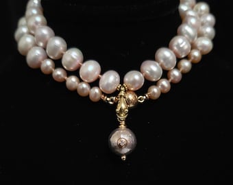 Pearl Necklace With 18k, Diamond And Silver Hanger