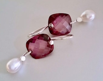 Raspberry Topaz And Pearl Earrings. Sterling Silver