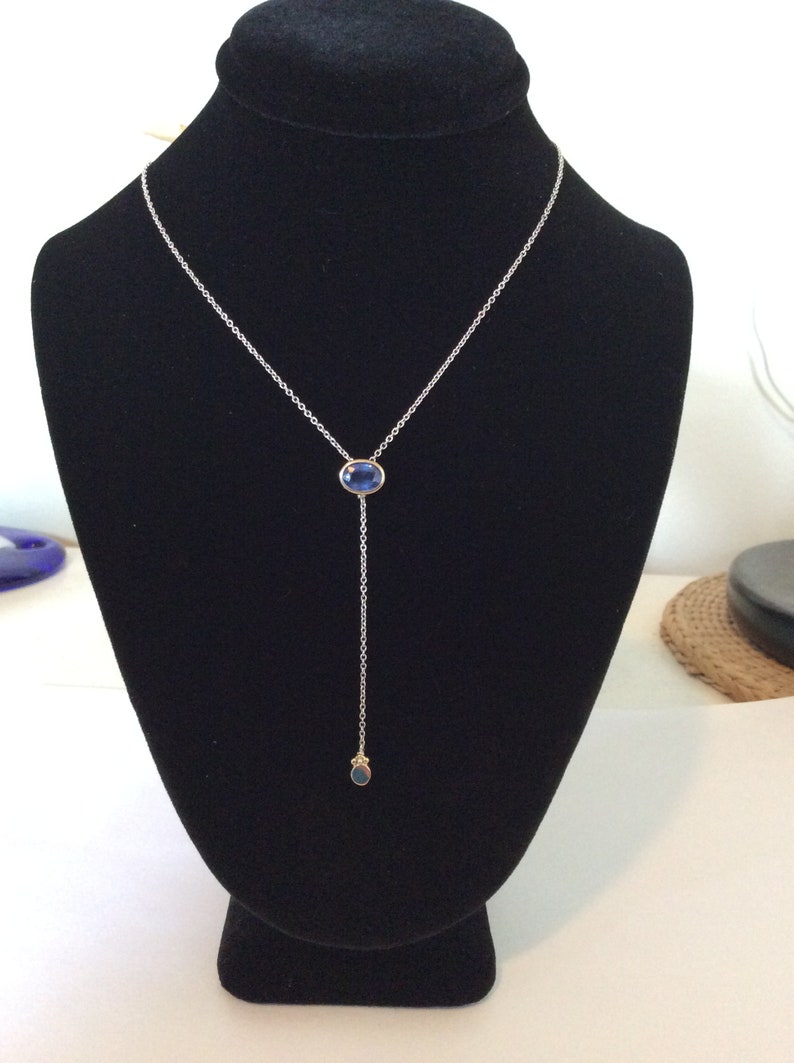 Blue Ceylon Sapphire Y Necklace, 14k Gold And Sterling Silver image 1