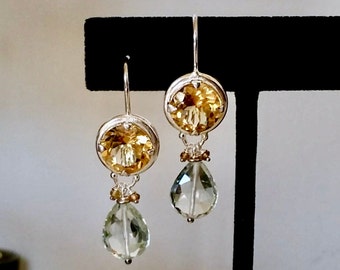 Yellow Citrine, Tourmaline And Green Amethyst Earrings, Sterling Silver
