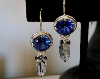 Blue Quartz And Rutilated Quartz Earrings, Sterling Silver