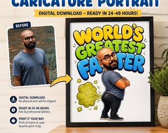 Benutzerdefiniertes weltweit größtes Farter-Porträt vom Foto, lustiges Vatertagsgeschenk für Papa, personalisiertes Karikaturplakat, digitaler Download