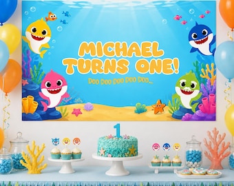 Benutzerdefinierte Hai Baby Geburtstag Banner, personalisierte Hai ersten Geburtstag Hintergrund, Doo Doo Party Zeichen benutzerdefinierter Name digitaler Download