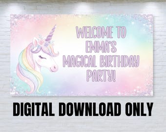 Einhorn Geburtstag Banner, Pastell Regenbogen Party Hintergrund, Benutzerdefinierte Name Dekor (Digitaler Download)