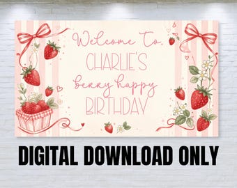 Personalisierte Erdbeer-Geburtstagsbanner, Beere alles Gute zum Geburtstag-Hintergrund (digitaler Download)