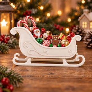 Puede incluir: Un trineo decorativo blanco lleno de dulces navideños variados, que incluyen dos bastones de caramelo a rayas rojas y blancas, una pequeña figura de Papá Noel, un hombre de jengibre marrón y varios chocolates envueltos en papel de aluminio.